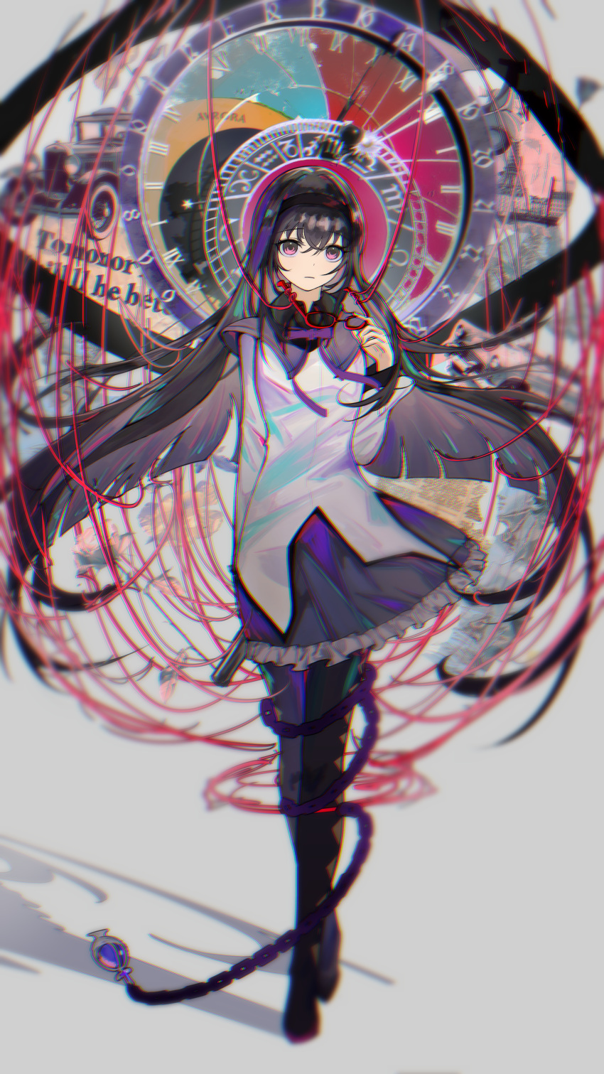 1girl, absurdres, akemi_homura, aquarius_(symbol), argyle_clothes, argyle_footwear, aries_(symbol), black_capelet