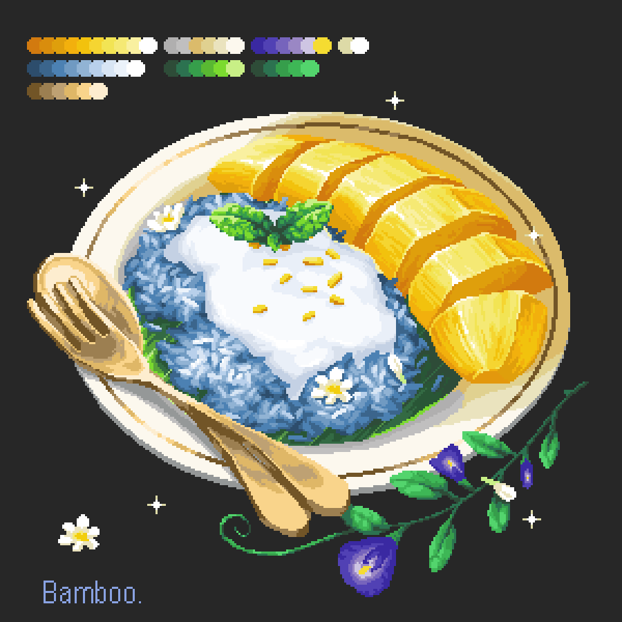 artist_name, bamboobeboo, color_guide, flower, food, food_focus, fork, grey_background, mango, no_humans, original, pixel_art, plate, rice, sauce, spoon, sticky_rice, still_life