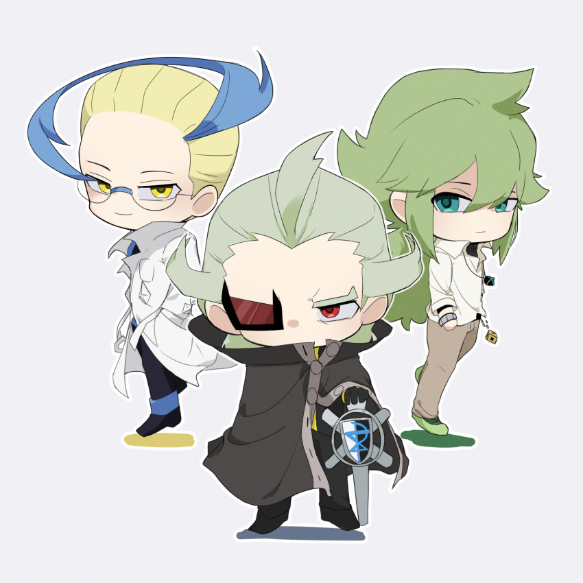 3boys, blonde_hair, blue_eyes, cane, chibi, colress_(pokemon), ghetsis_(pokemon), glasses
