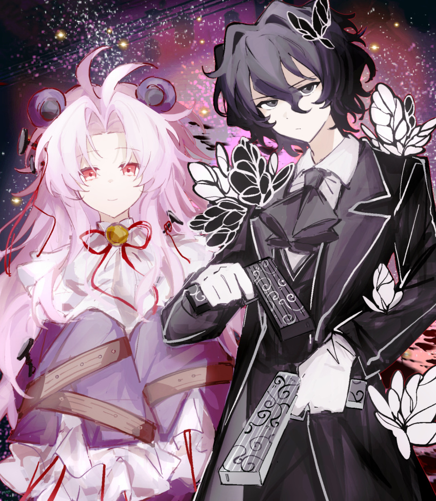 2boys, animal_ears, antenna_hair, ascot, bear_ears, black_ascot, black_coat, black_eyes
