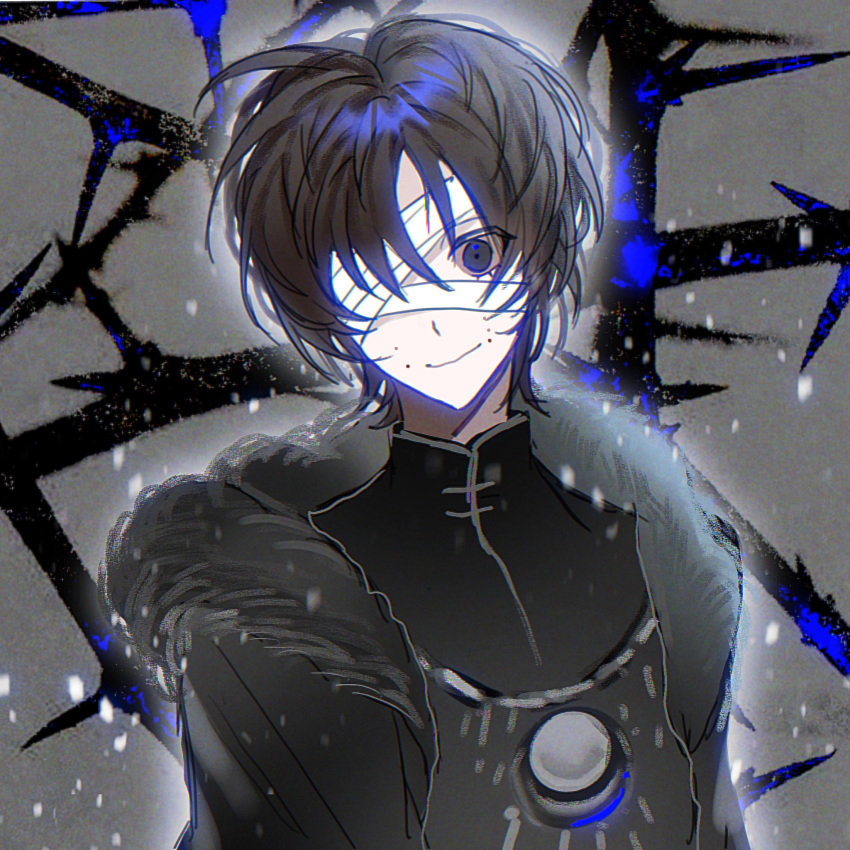1boy, bandage_over_one_eye, black_eyes, black_hair, black_jacket, black_shirt, chinese_commentary, chromatic_aberration