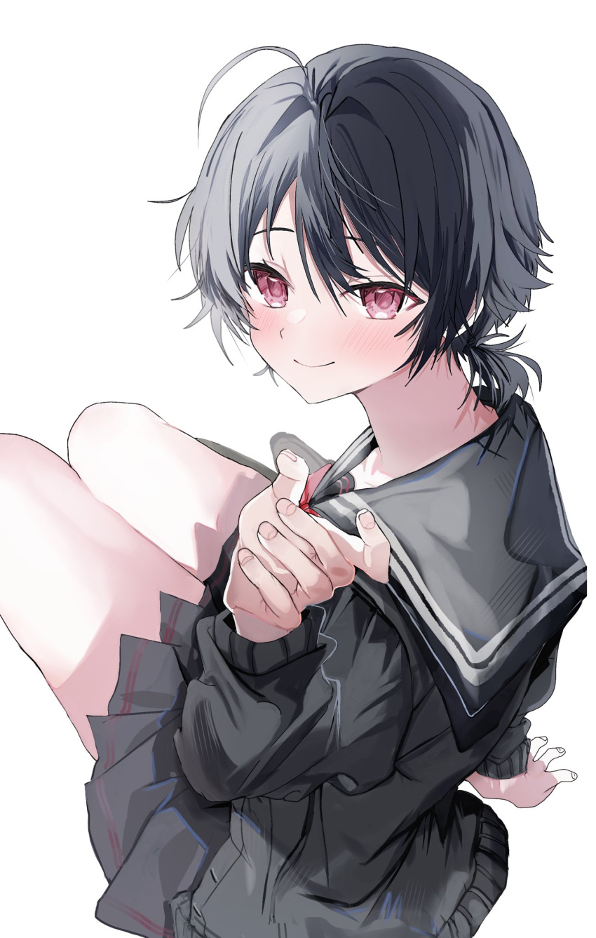 1girl, ahoge, black_hair, black_sailor_collar, black_serafuku, black_skirt, blush, closed_mouth