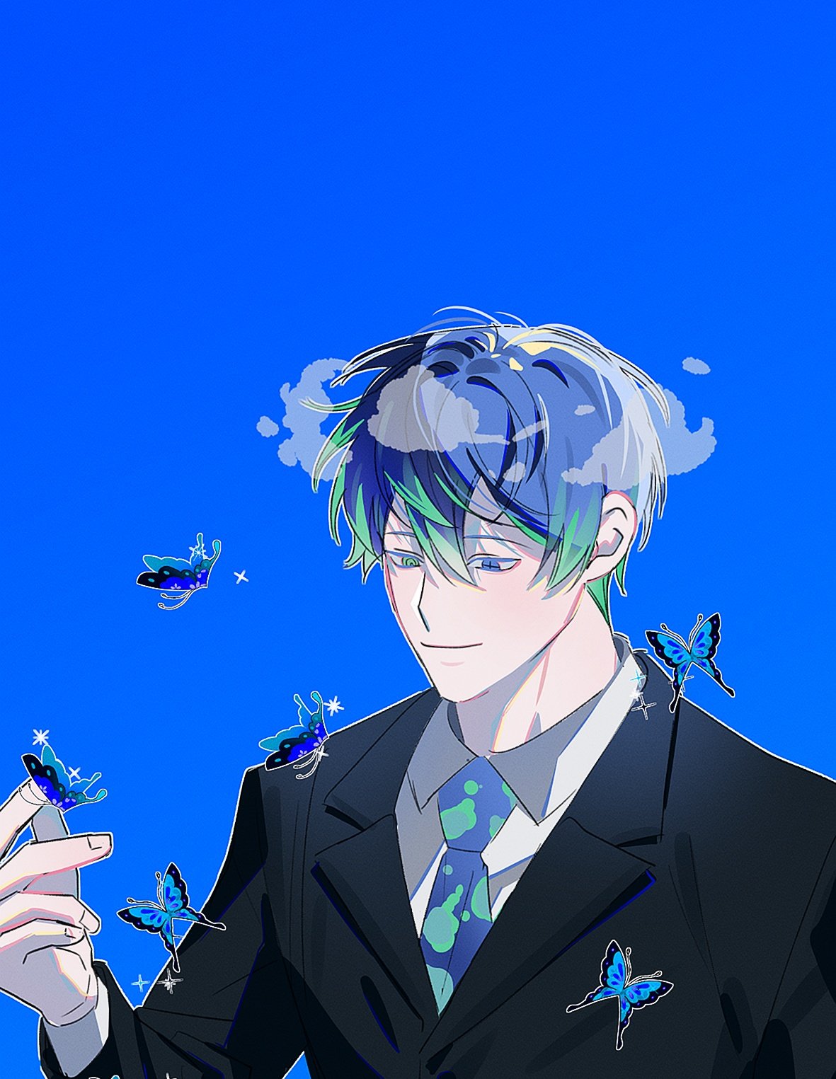 1boy, black_jacket, blue_background, blue_eyes, blue_hair, blue_necktie, bug, butterfly, character_request, closed_mouth, collared_shirt, commentary_request, green_eyes, green_hair, heterochromia, highres, jacket, juileun_swibnida, korean_commentary, long_sleeves, male_focus, multicolored_hair, necktie, shirt, short_hair, simple_background, solo, suae, suit, suit_jacket, two-tone_hair, upper_body, white_shirt