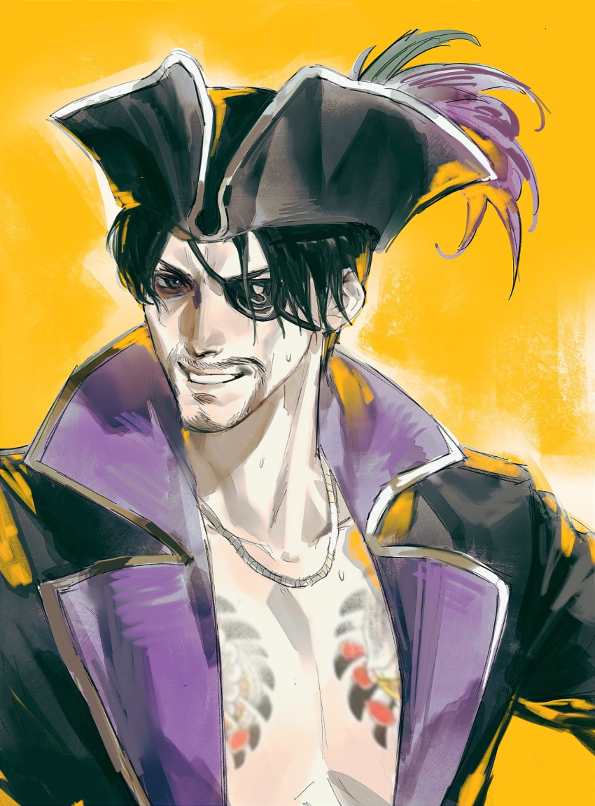 1boy, black_eyes, black_hair, black_jacket, chest_tattoo, chinese_commentary, commentary_request, eyepatch
