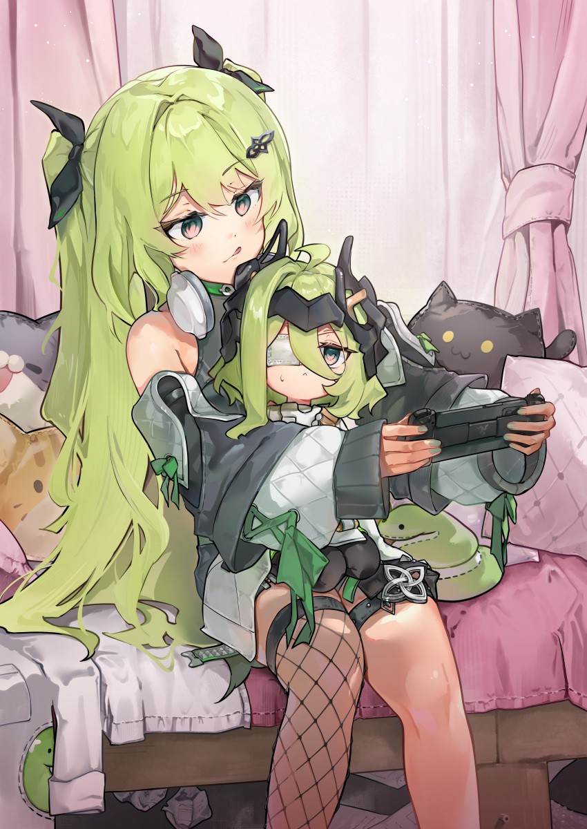 2girls, :<, absurdres, black_ribbon, closed_mouth, commentary_request, curtains, eyepatch, feet_out_of_frame, fishnet_thighhighs, fishnets, green_eyes, green_hair, grey_nails, hair_between_eyes, hair_ornament, hair_ribbon, hairclip, hanaguruma_(hana96ma), handheld_game_console, headphones, headphones_around_neck, highres, holding, honkai_(series), honkai_impact_3rd, indoors, klein_(honkai_impact), long_hair, long_sleeves, medical_eyepatch, mobius_(honkai_impact), mobius_(razer)_(honkai_impact), multiple_girls, nail_polish, official_alternate_costume, pillow, puffy_long_sleeves, puffy_sleeves, ribbon, seiza, single_thighhigh, sitting, sitting_on_lap, sitting_on_person, sleeves_past_wrists, stuffed_animal, stuffed_cat, stuffed_toy, thigh-highs, tongue, tongue_out, two_side_up, very_long_hair