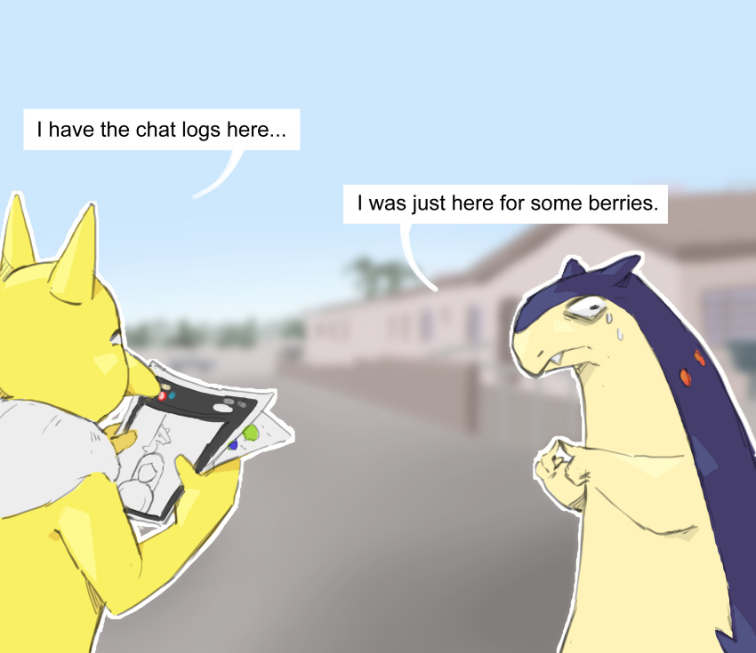 2024_pokemon_teraleak, 2boys, colored_skin, edp445, english_text, highres, hypno, index_fingers_together, looking_to_the_side, meme, multiple_boys, pokemon, sweat, typhlosion, yellow_skin