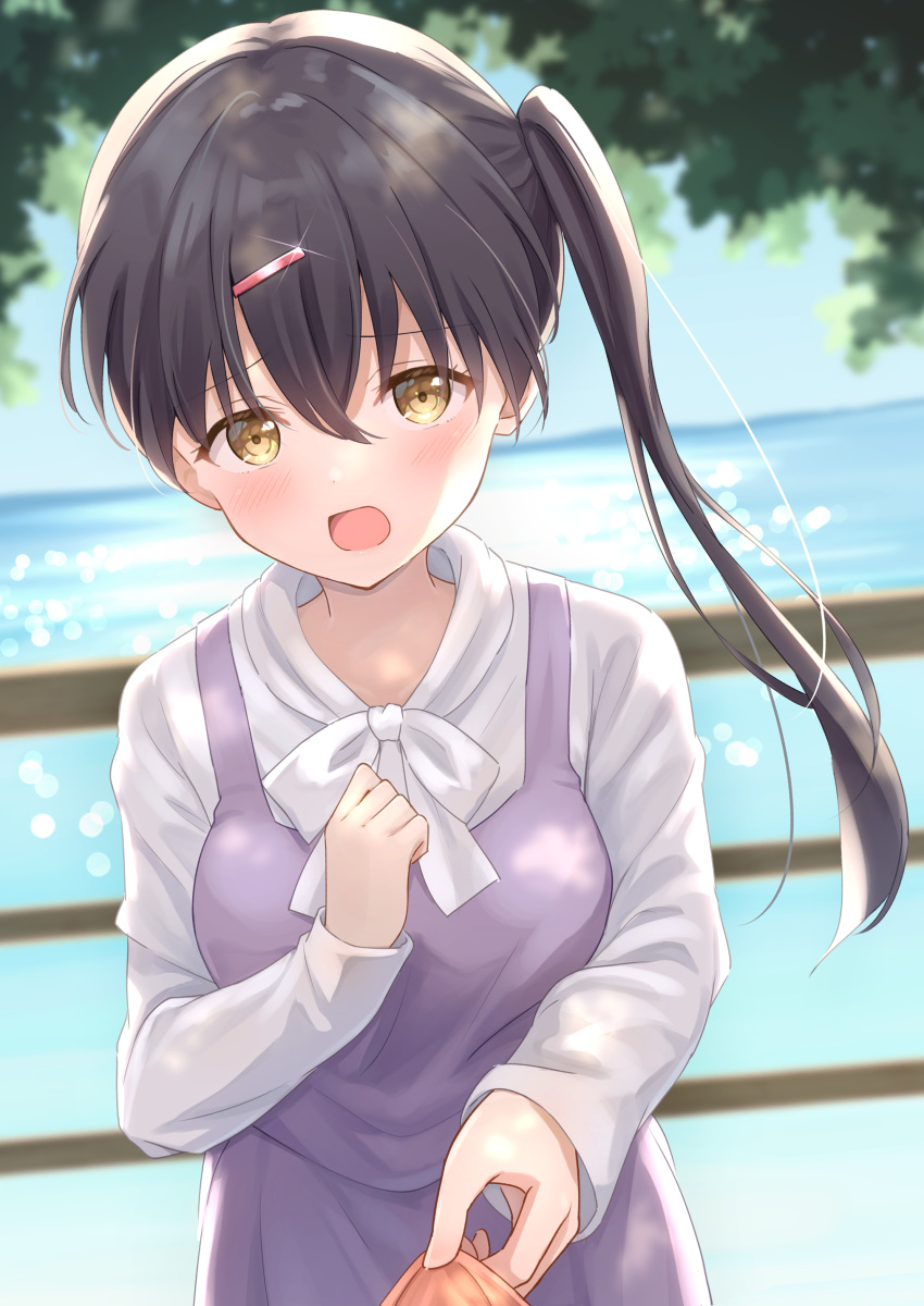 2girls, absurdres, akamine_ten, alt_text, black_hair, blue_sky, blurry, blurry_background