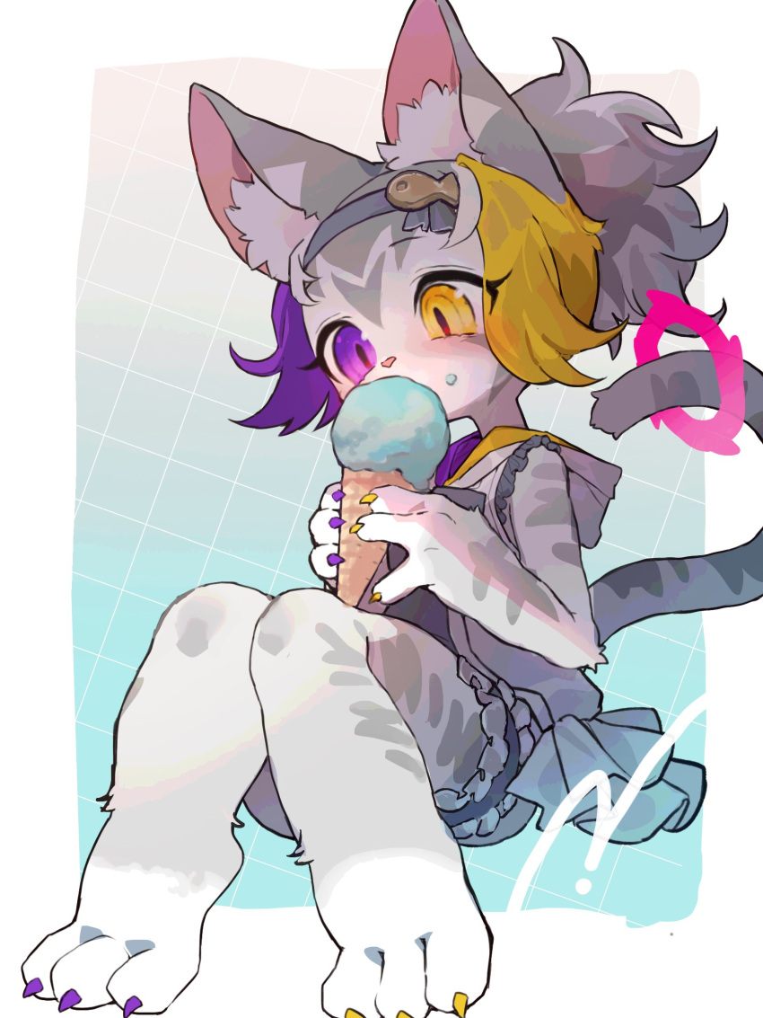 1girl, animal_ear_fluff, blush, cat_girl, claws, commentary, eating, food