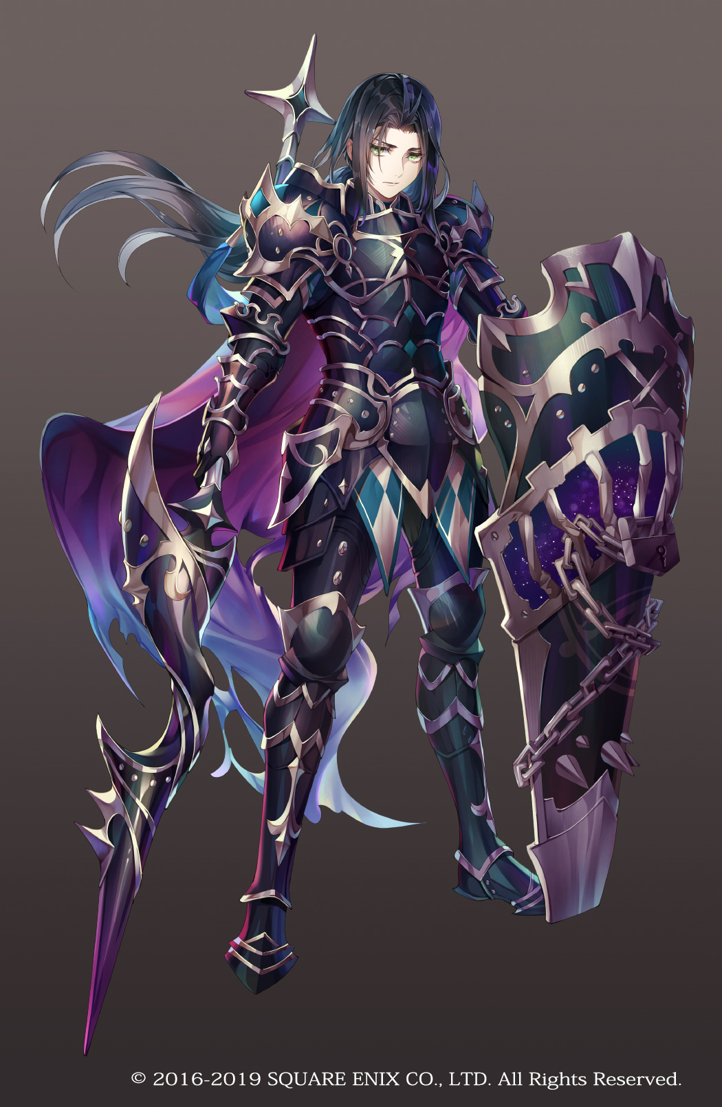 1boy, alonso_quixano_(grimms_notes), armor, black_armor, black_hair, cape, chain, copyright_notice