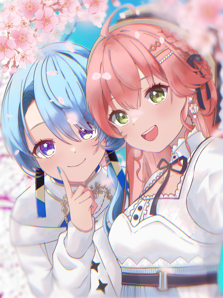 2girls, absurdres, ahoge, belt, black_ribbon, blue_eyes, blue_hair, blue_nails