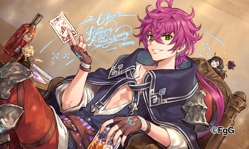 ahoge, alcohol, anniversary, blonde_hair, brown_gloves, brown_hair, card, cup