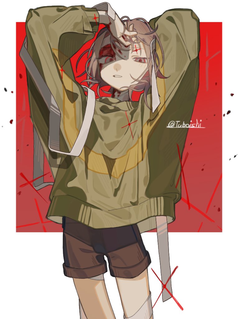 1other, black_shorts, blood, blood_on_face, brown_hair, chara_(undertale), commentary, feet_out_of_frame