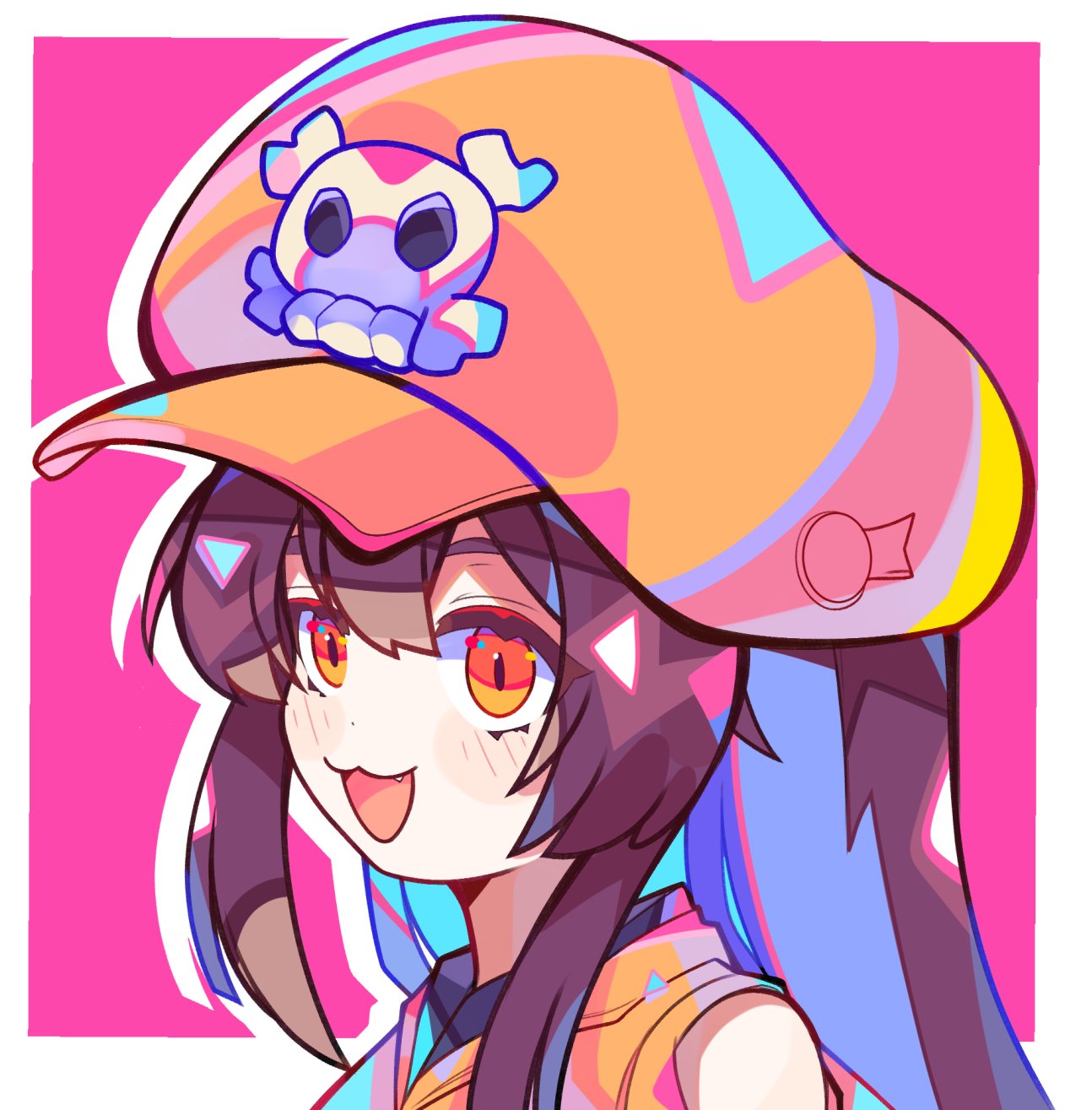 bare_shoulders, bee_sempai, brown_hair, fang, guilty_gear, guilty_gear_strive, hat, hat_ornament
