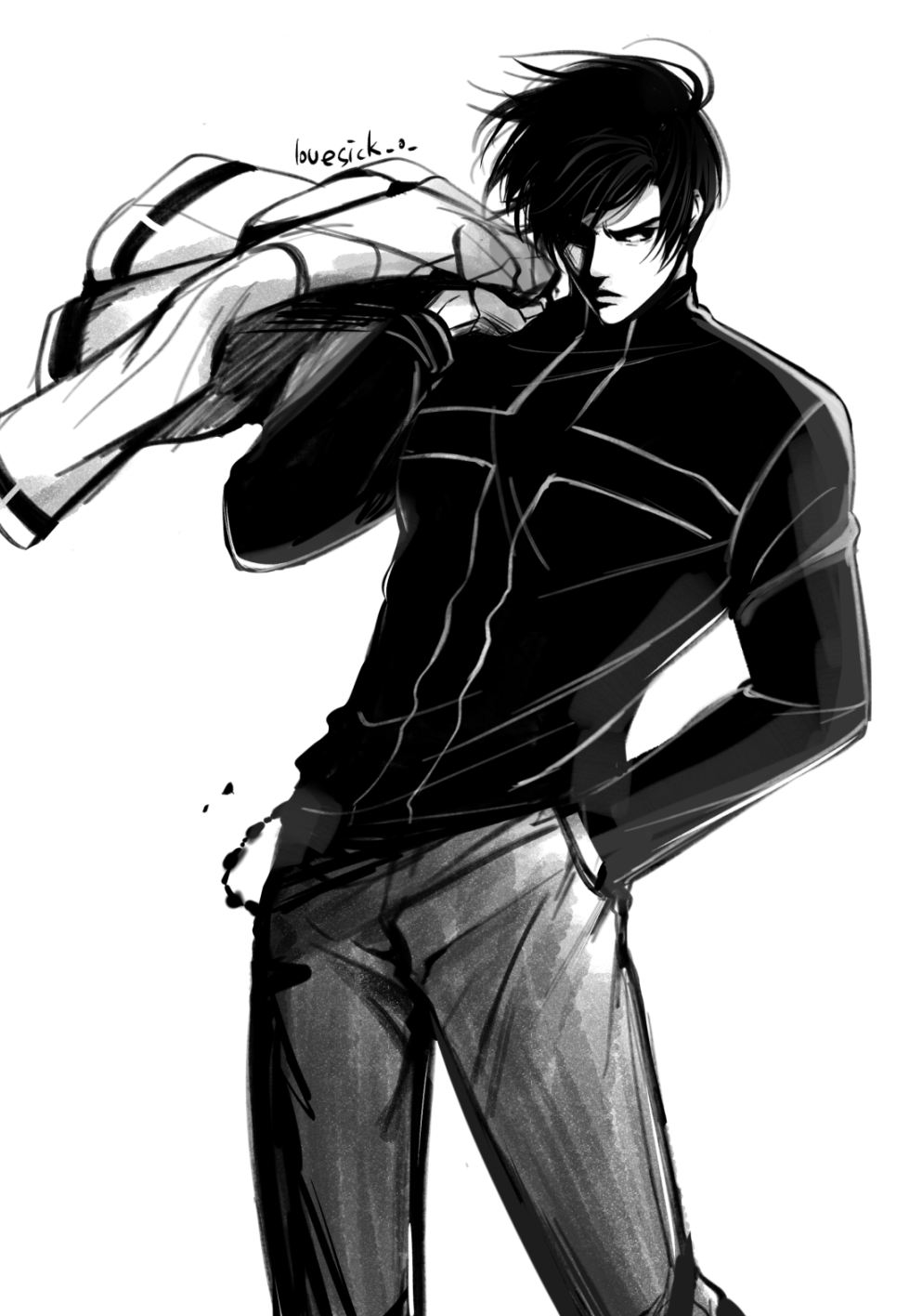 1boy, artist_name, black_hair, black_shirt, cowboy_shot, hair_over_one_eye, hand_in_pocket, highres, jacket, kusanagi_kyou, long_sleeves, looking_to_the_side, lovesick_0, male_focus, monochrome, pants, shirt, short_hair, signature, simple_background, solo, the_king_of_fighters, white_background