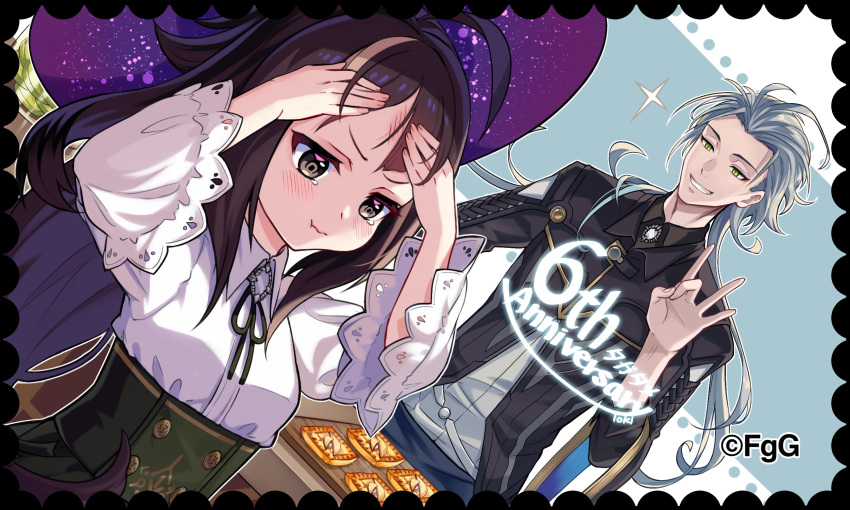 1boy, 1girl, :t, aged_down, ambrosia_(ta_ga_tame_no_alchemist), anniversary, artist_name, black_eyes, black_hair, black_jacket, black_ribbon, blush, flick, forehead_flick, green_eyes, green_skirt, grey_hair, hands_on_own_head, hat, high-waist_skirt, highres, jacket, long_hair, long_sleeves, looking_at_another, neck_ribbon, official_alternate_costume, official_art, quence_(ta_ga_tame_no_alchemist), ribbon, second-party_source, shirt, simple_background, skirt, smile, ta_ga_tame_no_alchemist, tearing_up, teeth, toki_(g-row), white_shirt, witch_hat