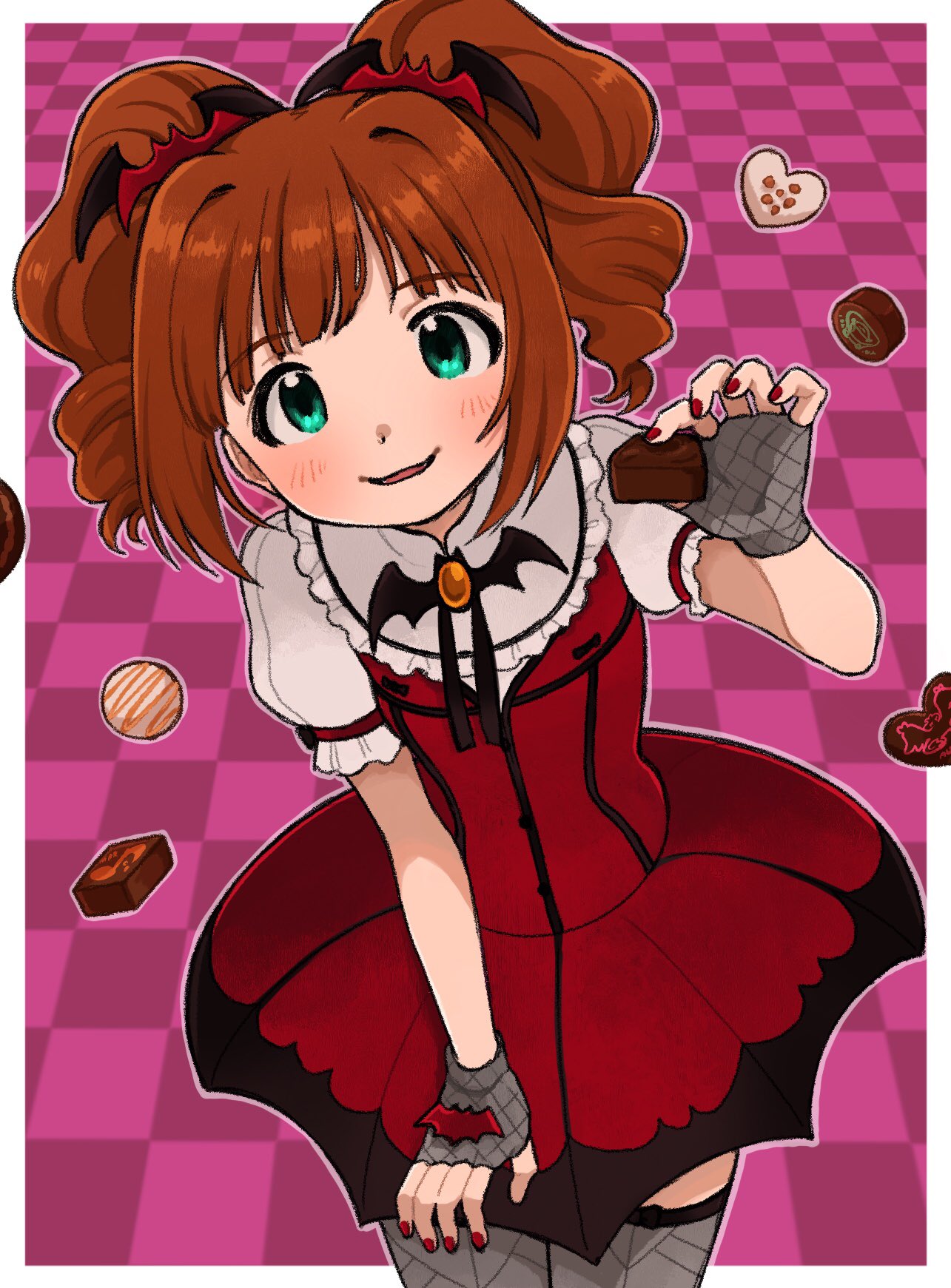 1girl, aqua_eyes, bat_brooch, bat_hair_ornament, blush, border, brown_hair, candy, checkered_background, chocolate, commentary_request, cowboy_shot, dress, drill_hair, fingerless_gloves, fingernails, fishnet_gloves, fishnet_thighhighs, fishnets, food, frilled_sleeves, frills, gloves, hair_intakes, hair_ornament, hand_up, heart, heart-shaped_chocolate, heart-shaped_food, highres, holding, holding_chocolate, holding_food, idolmaster, looking_at_viewer, medium_hair, my_dear_vampire_(idolmaster), nail_polish, naruse_ill, outline, outside_border, pink_background, puffy_short_sleeves, puffy_sleeves, red_dress, red_nails, short_dress, short_sleeves, smile, solo, standing, takatsuki_yayoi, thigh-highs, twin_drills, twintails, white_border, white_outline
