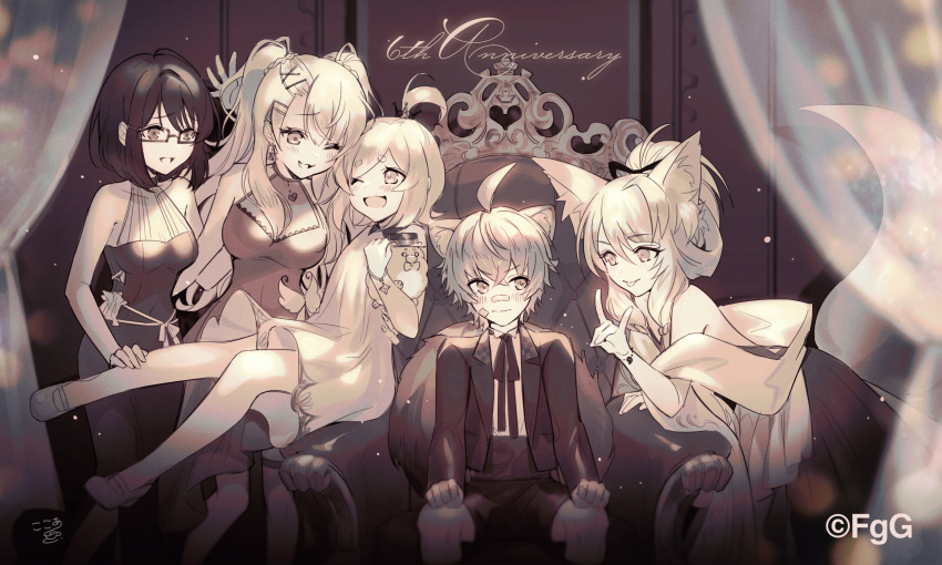 1girl, 4girls, ;d, ahoge, animal_ears, anniversary, blush, bob_cut