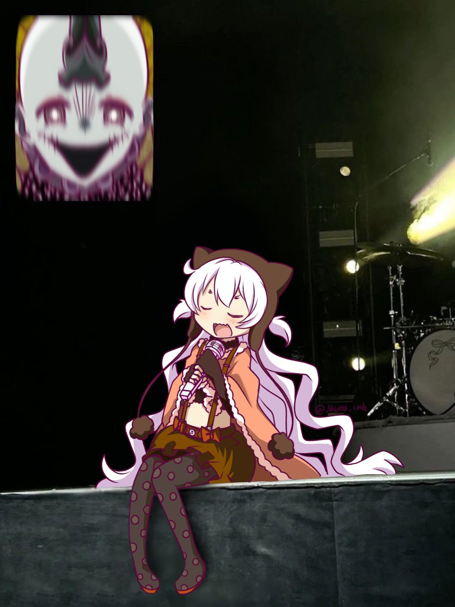 2girls, fan_screaming_at_madison_beer_(meme), highres, holding, holding_microphone, instrument, kuro_ink, magia_record:_mahou_shoujo_madoka_magica_gaiden, mahou_shoujo_madoka_magica, meme, microphone, momoe_nagisa, momoe_nagisa_(magical_girl), multiple_girls, music, photo_background, screaming, singing, sitting, stage, yu_(madoka_magica)