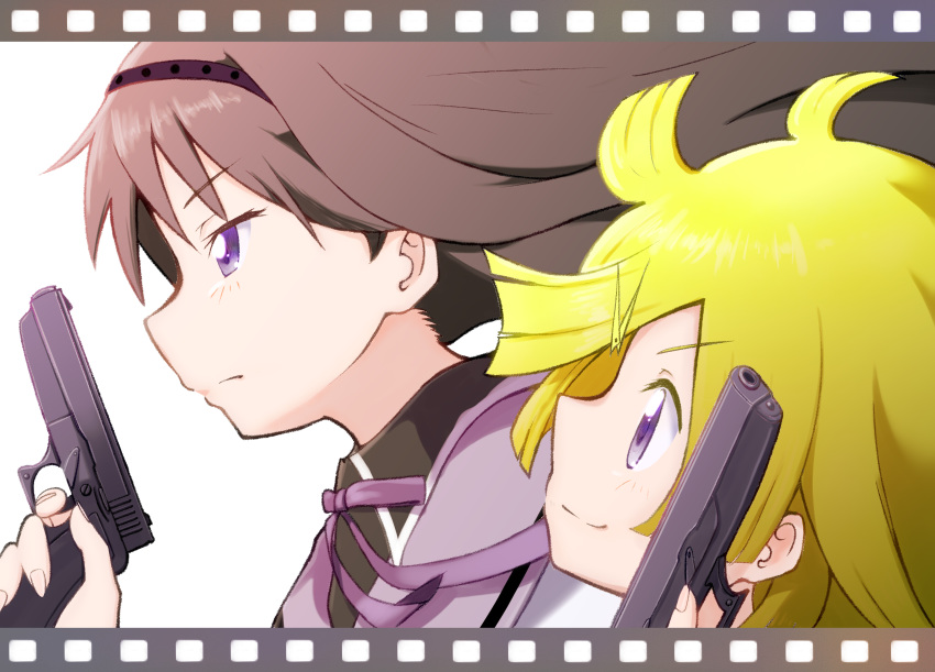 absurdres, akemi_homura, akemi_homura_(magical_girl), aki_mabayu, black_hair, black_headband, film_strip_border, finger_on_trigger