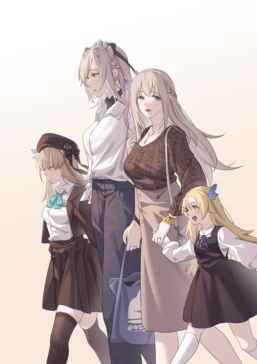 4girls, :d, alternate_costume, bag, beret, black_skirt, blonde_hair, blue_bow