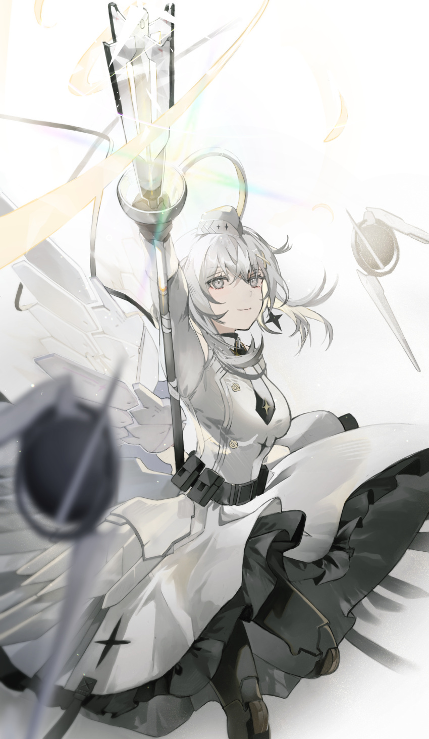 1girl, absurdres, arm_up, belt, black_belt, black_necktie, breasts, cino_(cappuccino)