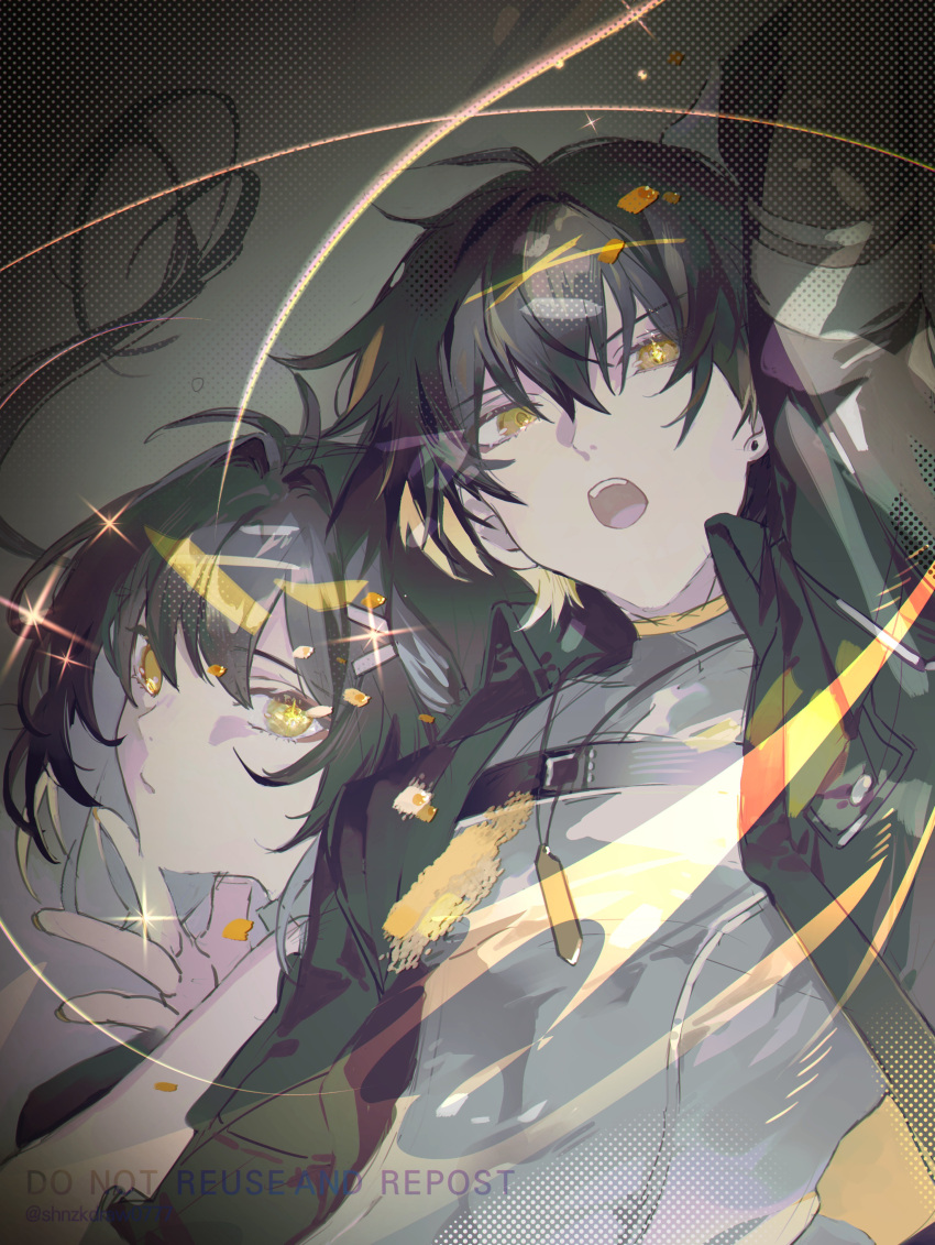 1boy, 1girl, absurdres, antenna_hair, black_hair, black_jacket, cino_(cappuccino), collared_jacket