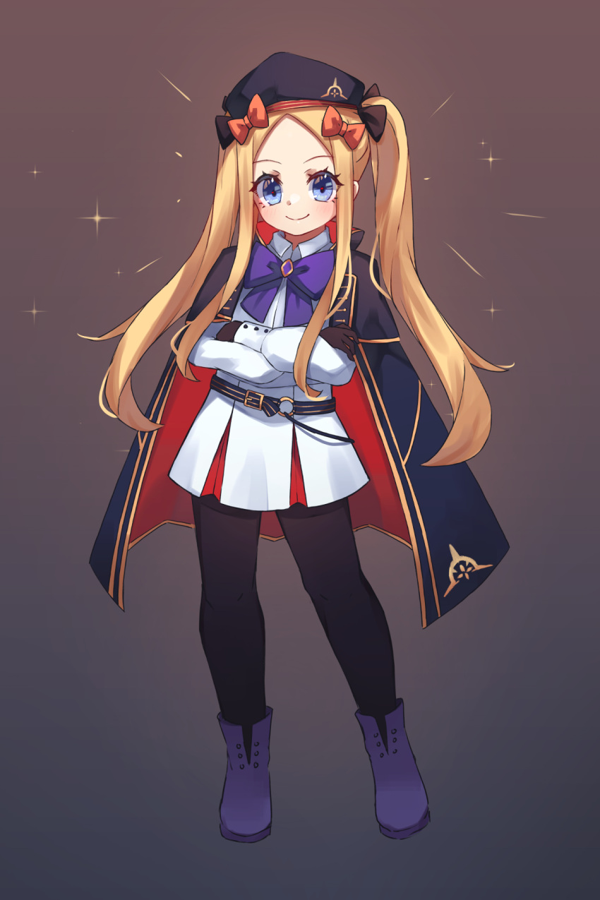 1girl, abigail_williams_(fate), artoria_caster_(fate), artoria_caster_(fate)_(cosplay), artoria_caster_(second_ascension)_(fate), artoria_pendragon_(fate), belt, beret