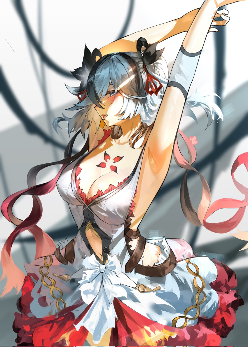 1girl, arm_warmers, armpits, asymmetrical_clothes, black_flower, blake_bloom_(wuthering_waves), blue_eyes, blush