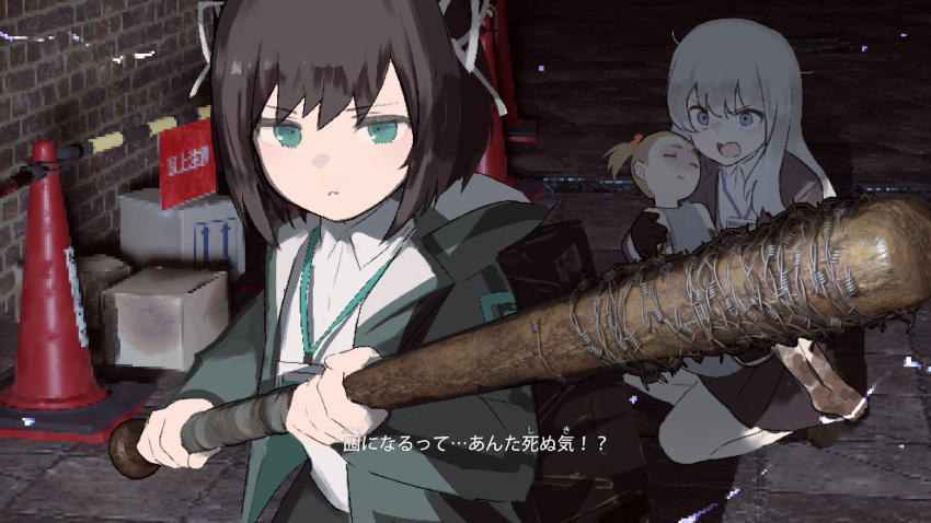 3girls, alley, aqua_eyes, barbed_wire, baseball_bat, black_hair, blue_eyes, box