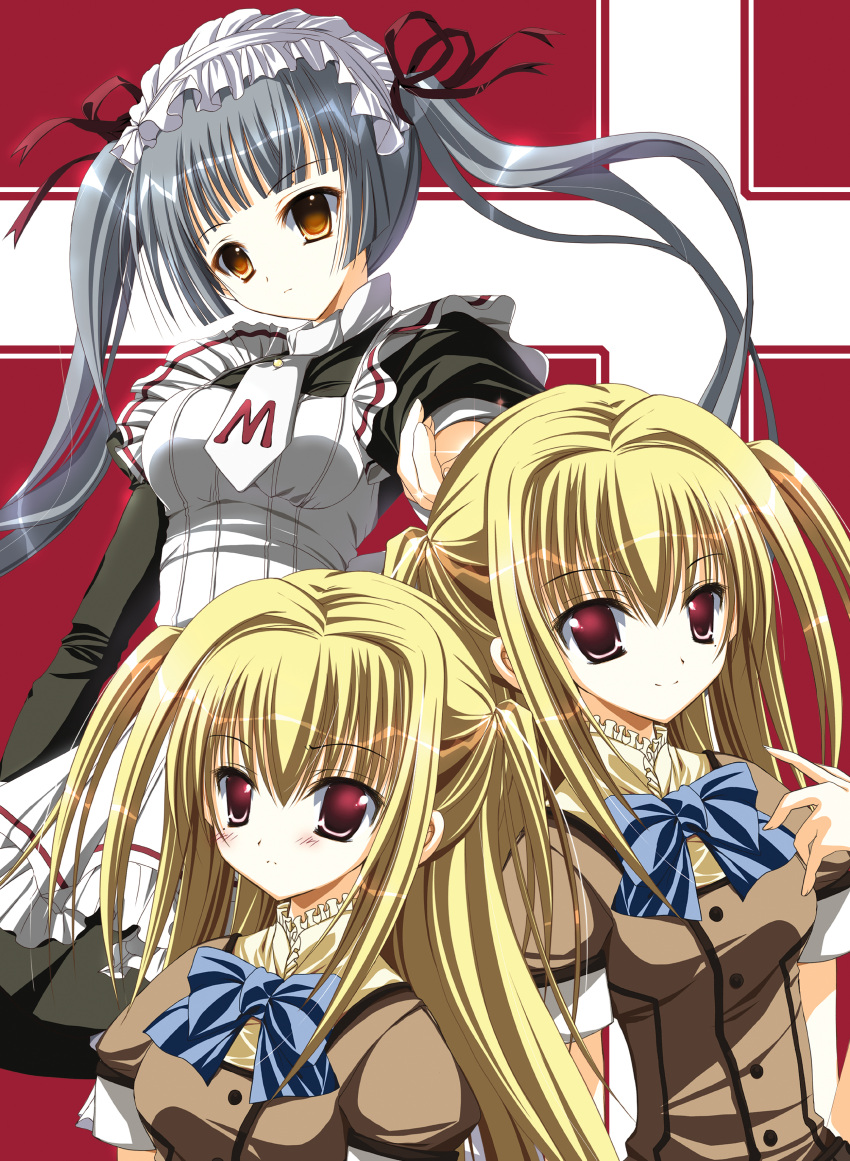 1boy, 2girls, crossdressing, crossdressing_(mtf), maid, maria_holic, mizusawa_mimori, red_background
