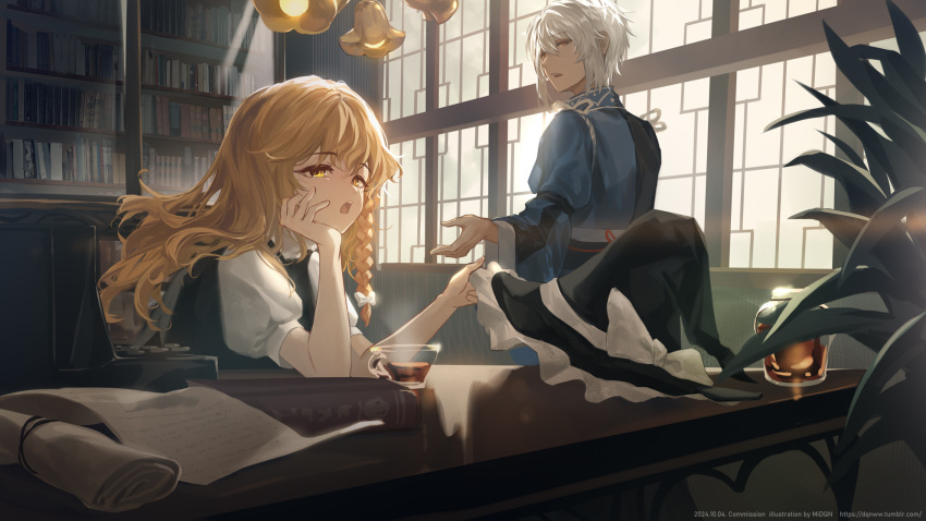 1boy, 1girl, black_vest, blonde_hair, blue_robe, book, bookshelf, braid