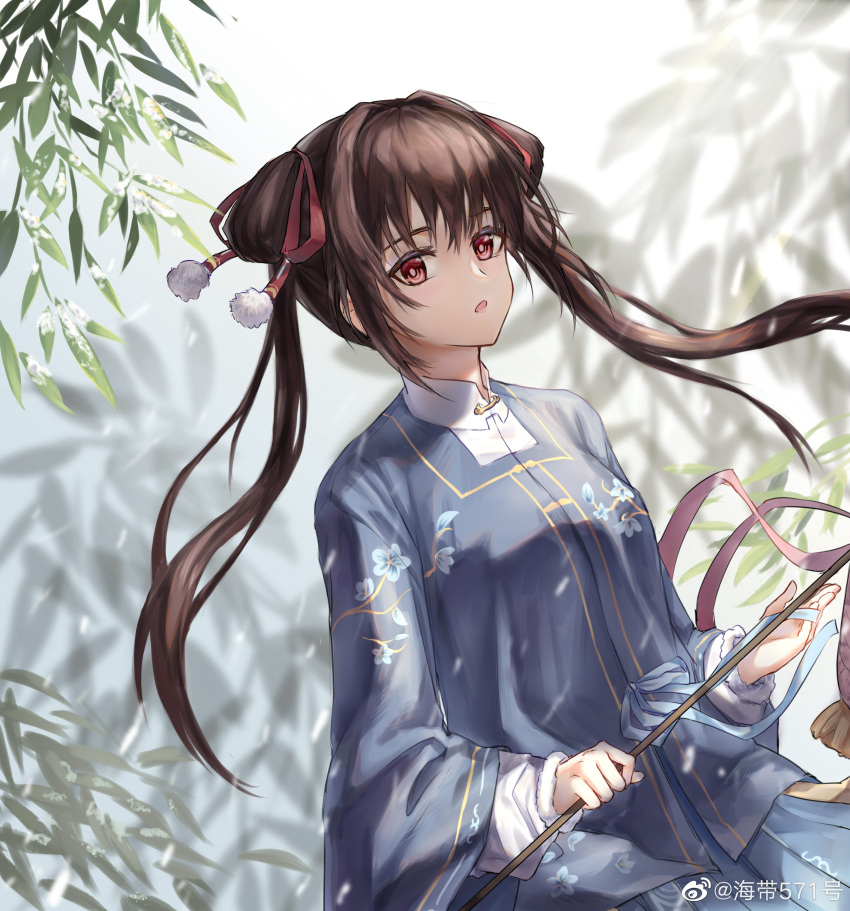 1girl, absurdres, alternate_costume, branch, brown_hair, chinese_clothes, double_bun, dress