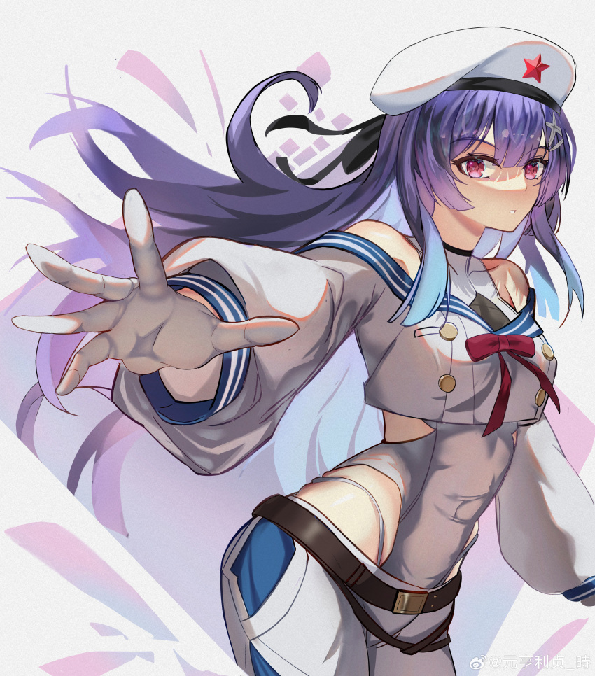 1girl, absurdres, anshan_(warship_girls_r), belt, beret, blue_hair, breasts, gloves