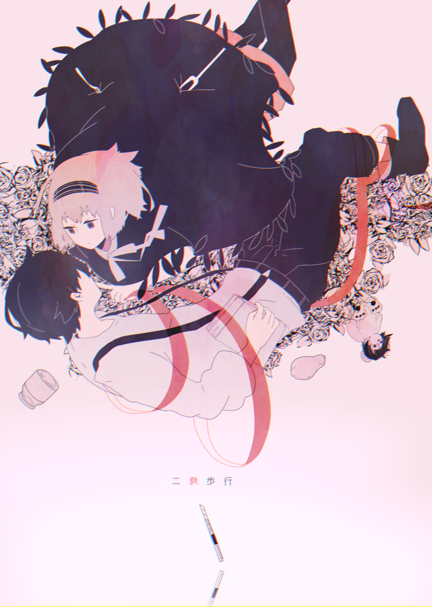 1boy, 1girl, absurdres, asymmetrical_hair, black_eyes, black_footwear, black_hair, black_hairband
