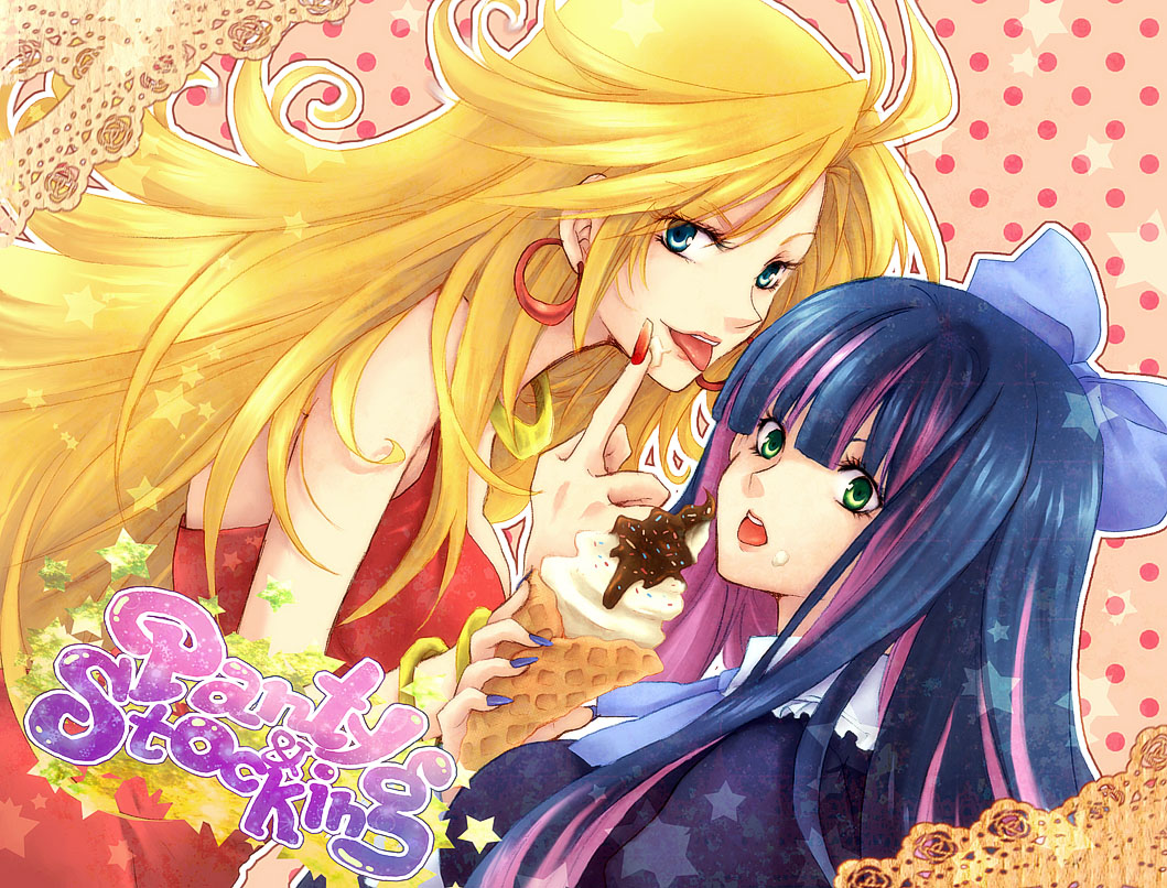 chocolate, food, ice_cream, ice_cream_cone, middle_finger, multiple_girls, nail_polish, niwa_toriko