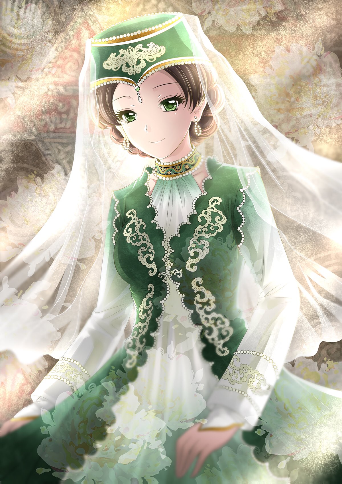 1girl, braid, brown_hair, china_comic, chinese_clothes, dress, earrings, green_dress