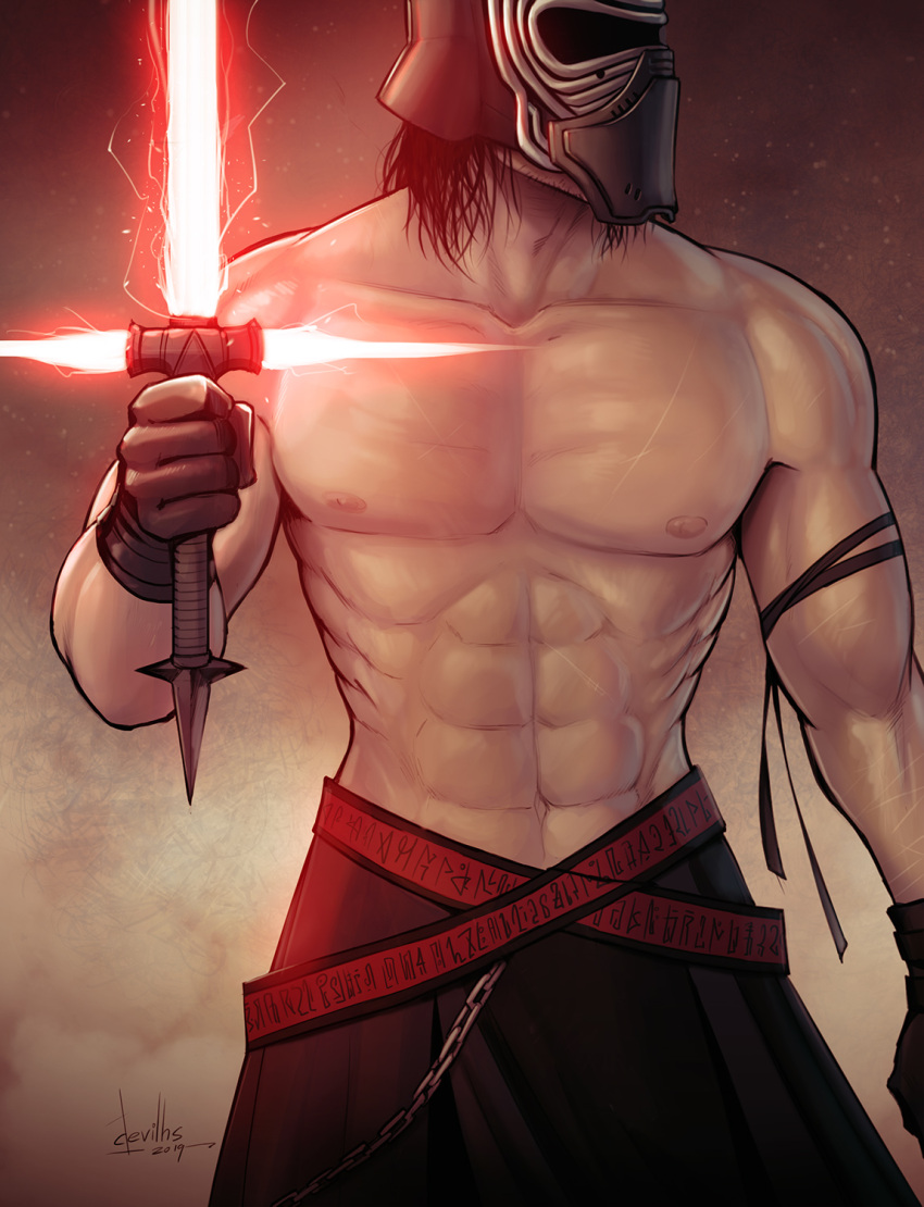 1boy, abs, crossguard_lightsaber, devilhs, energy_sword, helmet, highres, holding_lightsaber