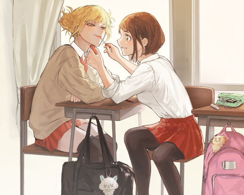 2girls, applying_makeup, backpack, bag, blonde_hair, boku_no_hero_academia, brown_eyes, brown_hair