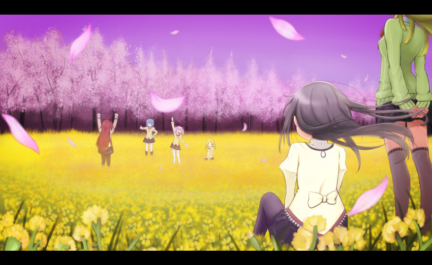6+girls, akemi_homura, aki_mabayu, arms_up, cherry_blossoms, field, flower, flower_field