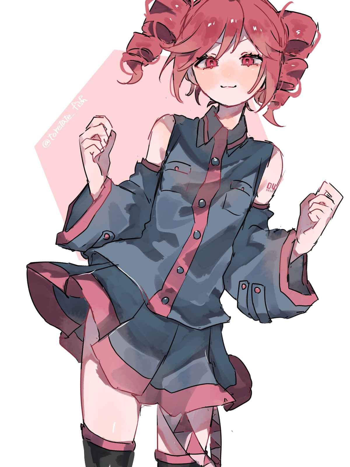 1girl, arm_tattoo, black_footwear, blue_sleeves, boots, breast_pocket, buttons, detached_sleeves