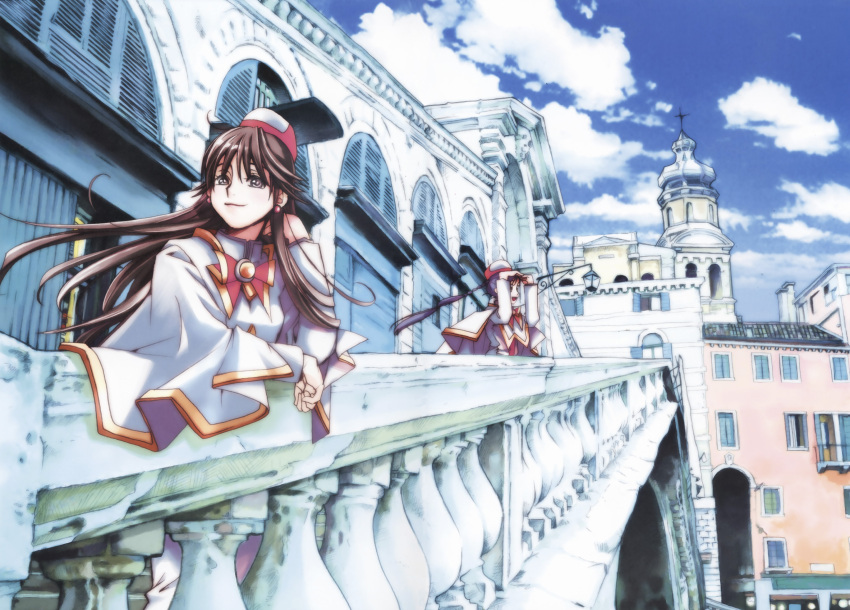 aika_granzchesta, aika_s_granzchesta, akira_e_ferrari, akira_ferrari, amano_kozue, aria, highres, multiple_girls, official_art, purple_hair, scenery, sky, smile, uniform, venezia