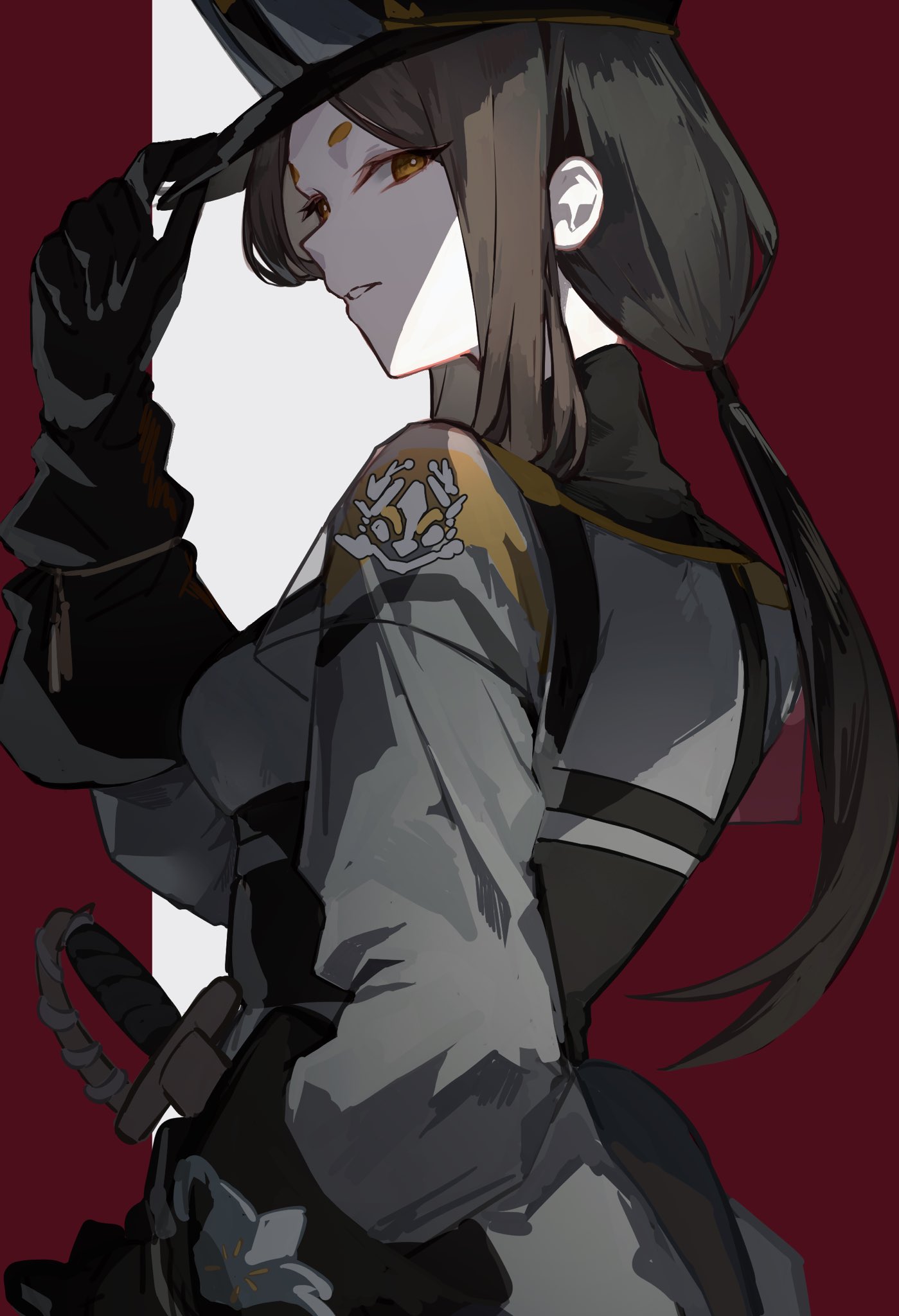 1girl, animal_ears, arknights, black_gloves, black_hair, black_hat, dobermann_(arknights), dobermann_(lieutenant)_(arknights)