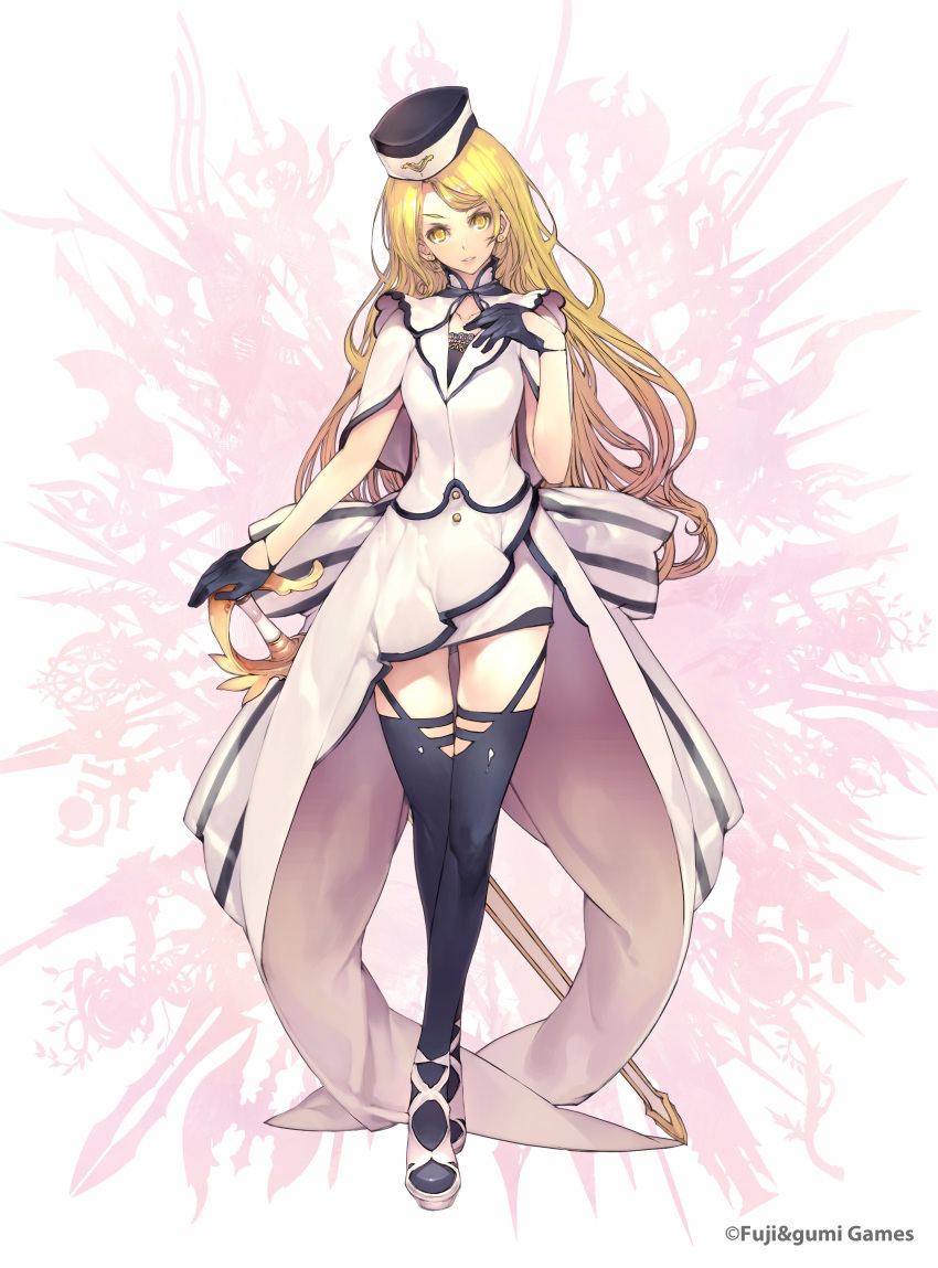 1girl, absurdres, black_gloves, black_hat, black_thighhighs, blonde_hair, dress, excalibur_(phantom_of_the_kill)