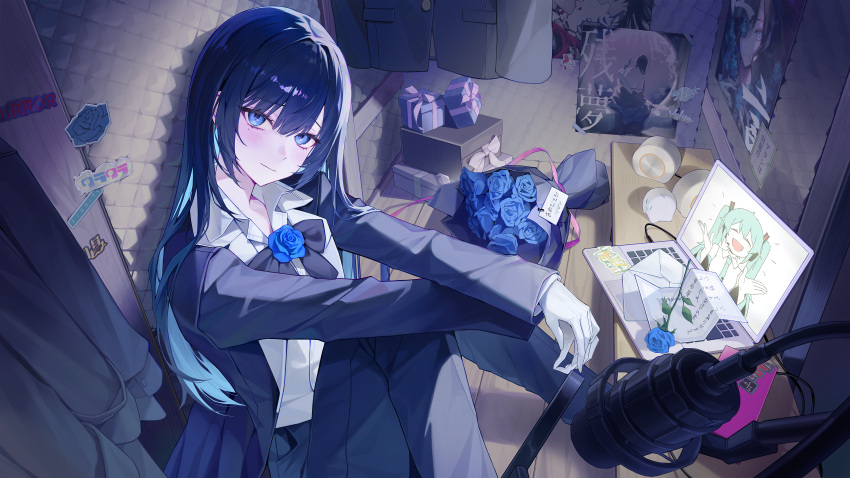 1girl, absurdres, acoustic_foam, ado_(utaite), atashi_wa_mondaisaku, black_bow, black_bowtie, black_flower