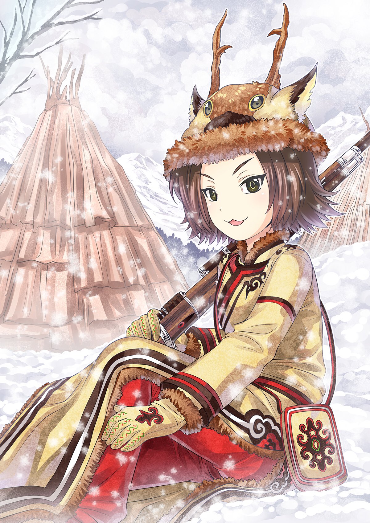 1girl, :3, animal_hat, bag, brown_hair, china, china_comic, chinese_clothes, dress, gloves, green_eyes, gun, hat, highres, horned_hat, hut, looking_at_viewer, mountain, mountainous_horizon, original, oroqen_clothes, outdoors, overcast, pants, petite, red_pants, rifle, short_hair, shoulder_bag, sky, smile, snowing, solo, tree, weapon, winter, winter_clothes, yellow_dress, yellow_gloves