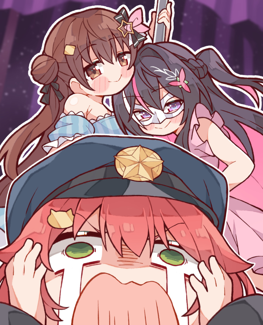 3girls, azki_(4th_costume)_(hololive), azki_(hololive), black_hair, blush, brown_eyes, brown_hair, cat_hair_ornament