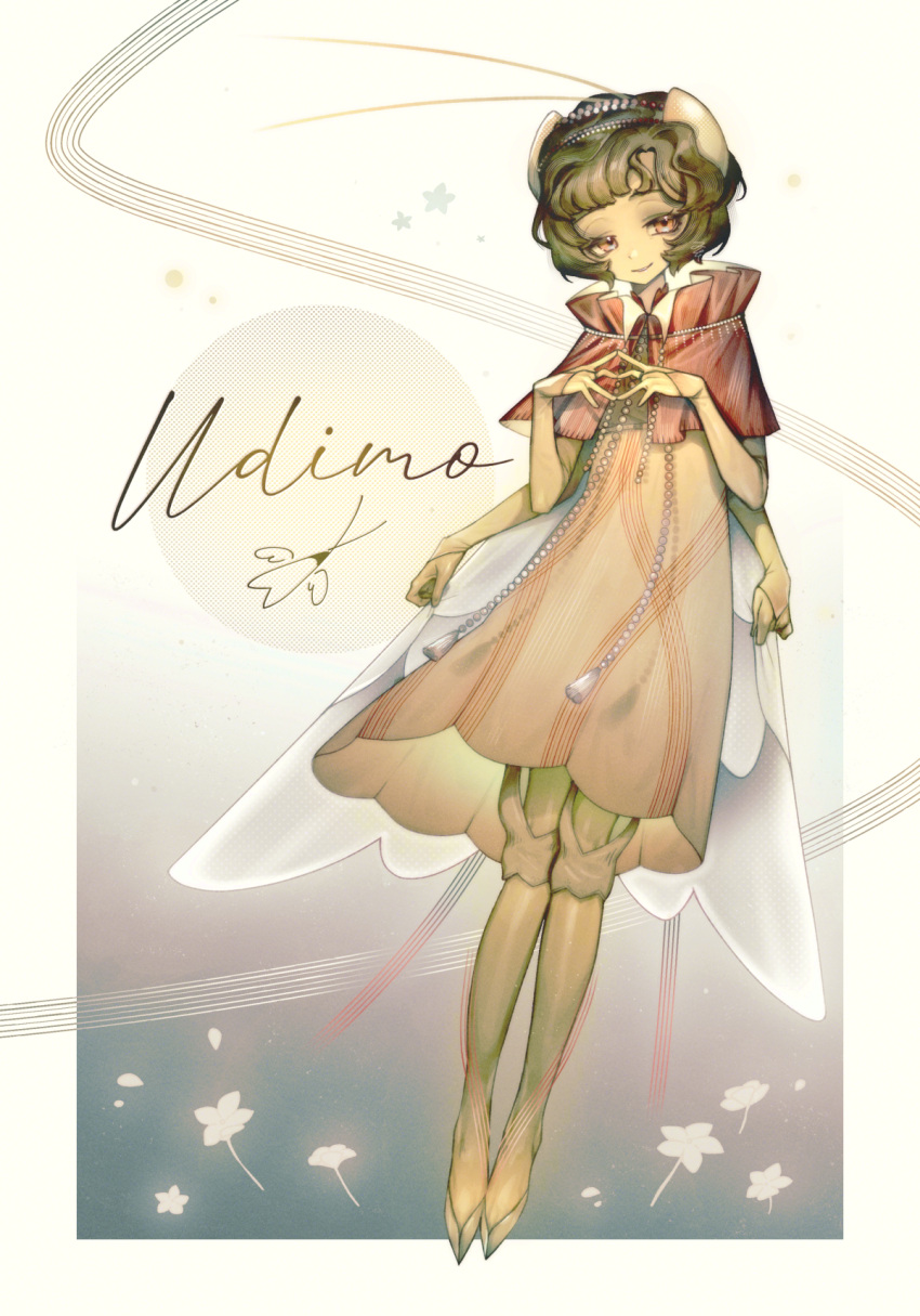 1girl, antennae, arthropod_girl, black_hair, border, cloak, colored_skin, cricket_girl, dress, extra_arms, flower, full_body, gradient_background, grey_background, hands_up, highres, looking_at_viewer, medium_dress, pants, pants_under_dress, paxio44, pink_cloak, pink_dress, pink_eyes, reverse:1999, schneider_(reverse:1999), short_hair, smile, solo, standing, steepled_fingers, white_background, white_border, white_flower, yellow_skin