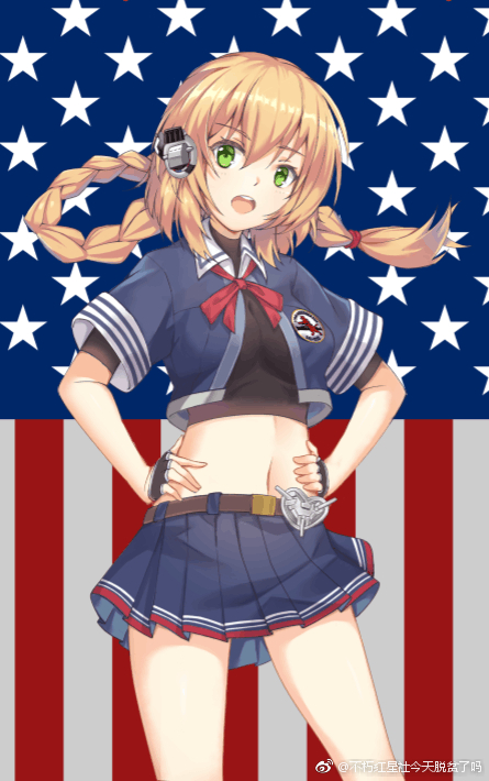 1girl, american_flag, bare_legs, belt, blonde_hair, blue_skirt, braid, buxiuhongxingshe_jintiantuopinlema