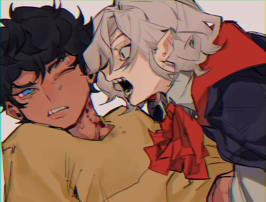 2boys, absurdres, ascot, bags_under_eyes, bite_mark, bite_mark_on_neck, black_eyes, black_hair