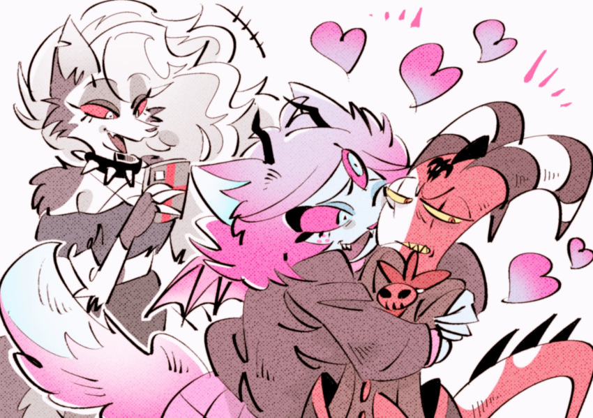 1boy, 2girls, blitzo_(helluva_boss), cat_girl, collar, demon_girl, demon_horns, demon_tail